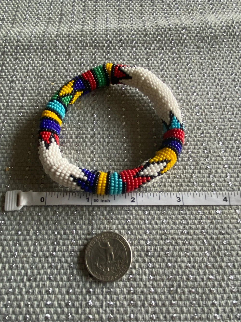 Handmade Beaded Bangle Bracelet - White with Multicolor Pattern